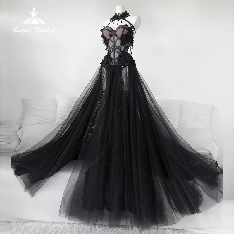 Gothic Black ALine Long Wedding Dresses 2023 Sexy Sweetheart Bridal