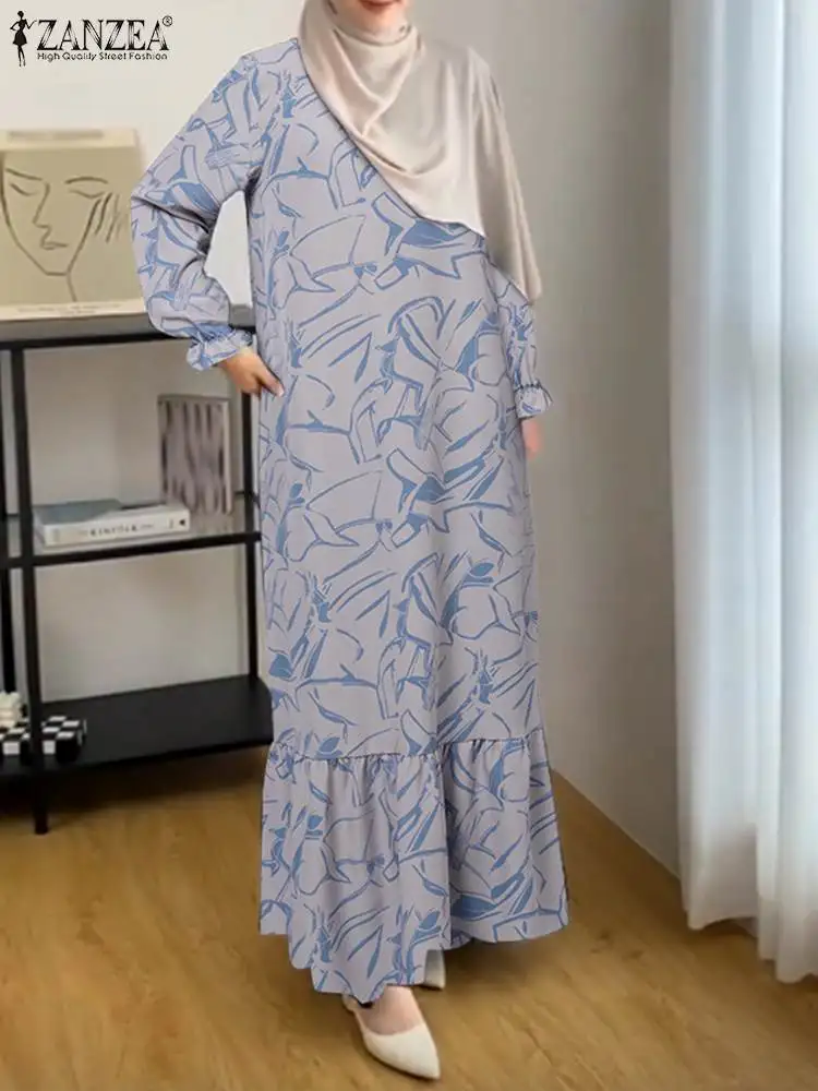 

Модное мусульманское платье с цветочным принтом, Abaya ZANZEA, женское платье, винтажное мусульманское платье, элегантный женский сарафан с длинным рукавом и оборками на подоле