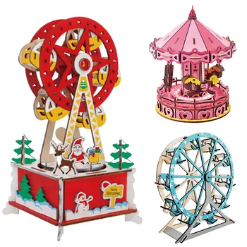 Kawaii wystrój pokoju Carrousel 3D drewniane Puzzle diabelski młyn DIY zabawki-puzzle dla dzieci do domu akcesoria biurowe dekoracja stołu