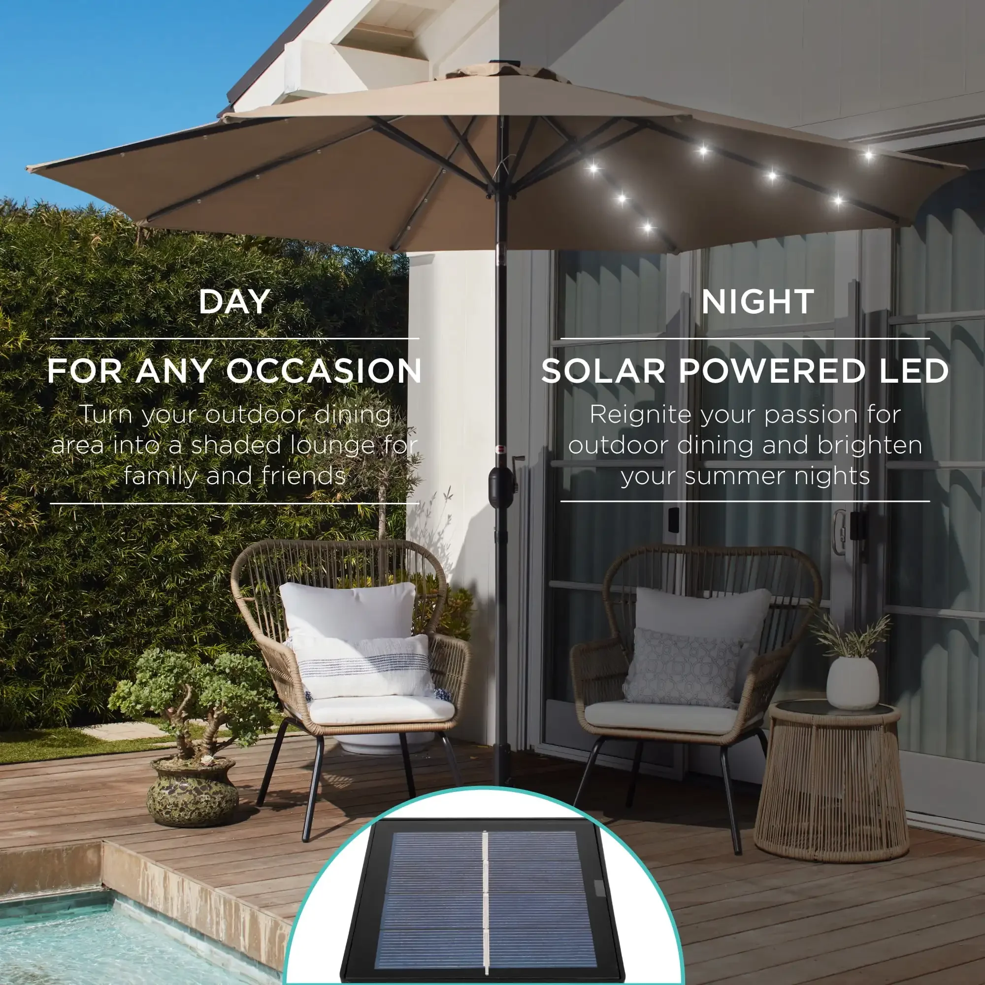 10ft Solar LED Lighted Patio Umbrella w/ Tilt Adjustment, UV-Resistant Fabric - Tan 3