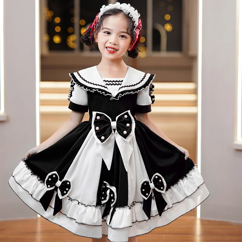 Classic Lolita Costume Cosplay Baby Girl Korean Style Dress With Bow Kawaii For Kids Short Sleeve Elegant Patchwork Hit Color