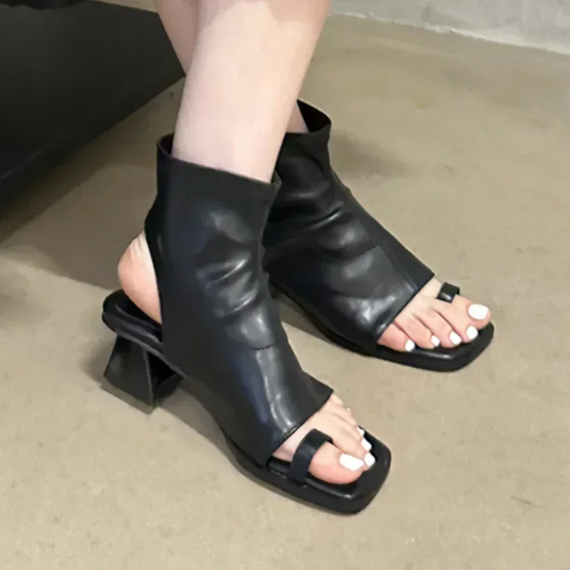 Zapato Botines Dedos Descubiertos Botas Open Toe De Cuero