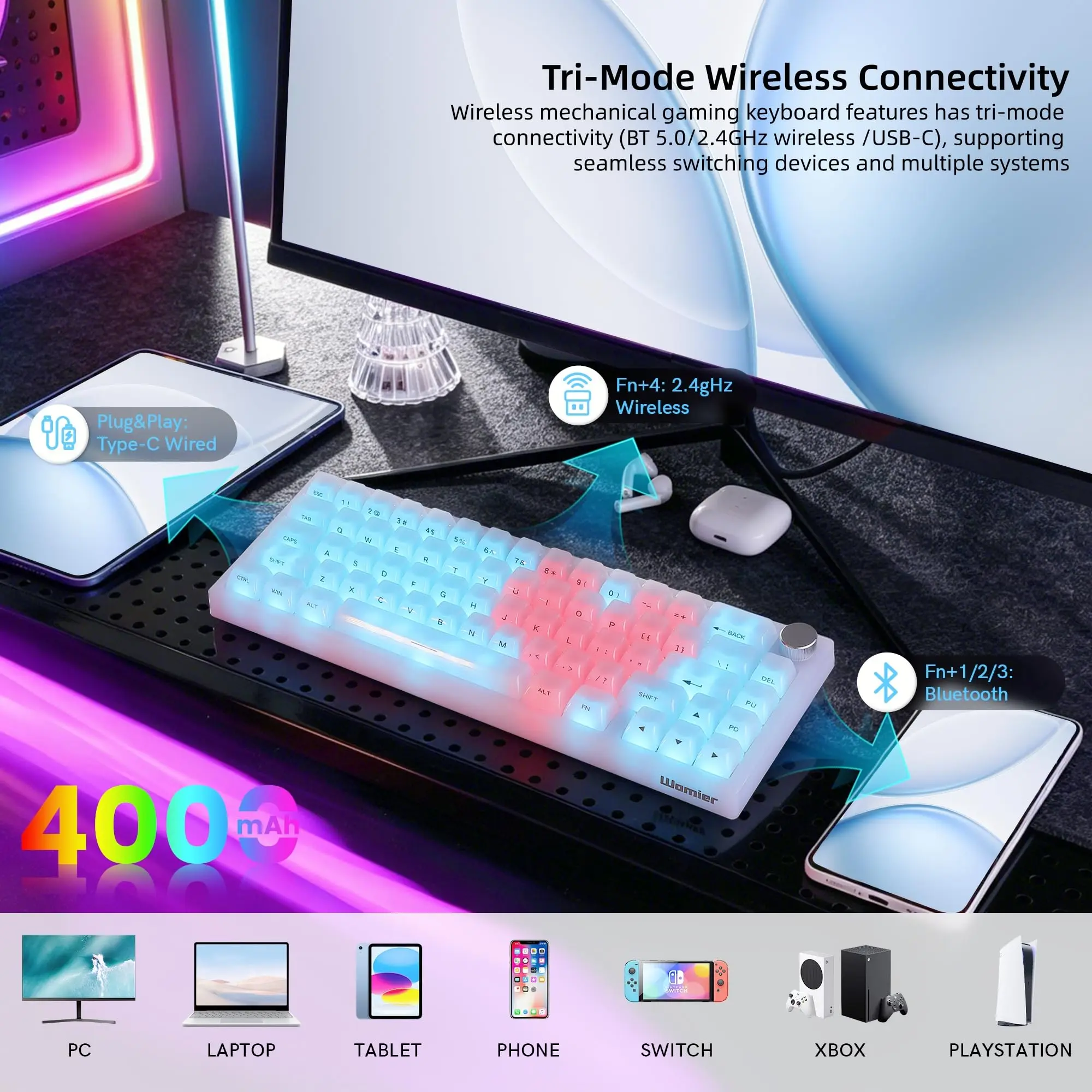 Womier Q61 V2 무선 65% 기계식 키보드(노브 포함) VIA 프로그래밍 가능 지원 트라이 모드 BT/2.4G/USB-C 핫스왑 RGB(Mac/PC용)