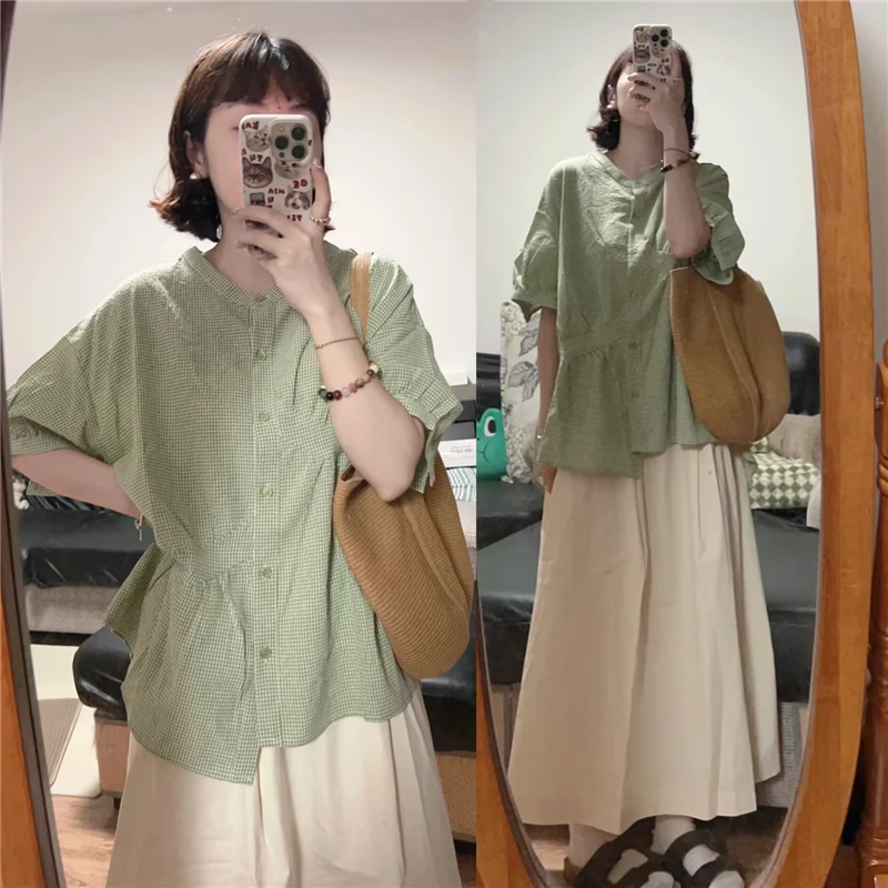 여름 임산부 의상 세트 배를 덮는 인형 셔츠 루즈한 체크무늬 반팔 티셔츠 블라..