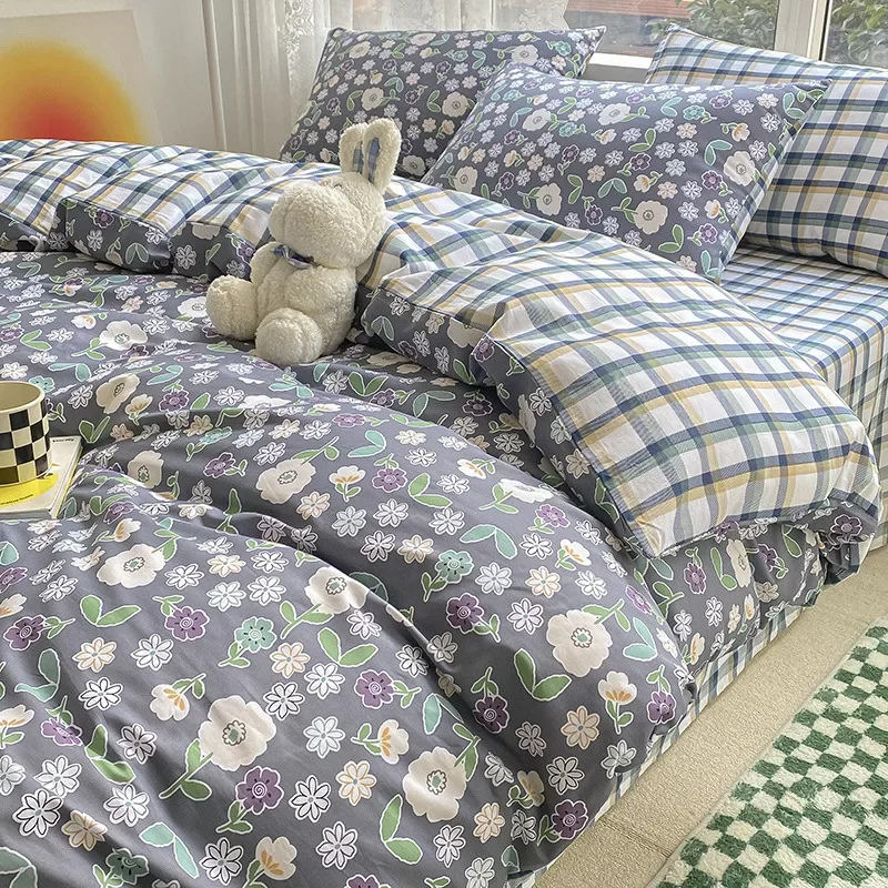 

Floral Print Grey Blue Cotton Bed Sheet Duvet Cover Pillowcase Four-piece Summer Spring Bedding Set Bed Shirt M077-15