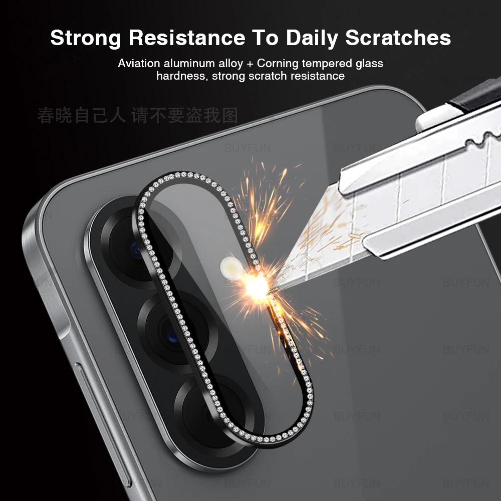 Luxury Diamond Metal Ring Case with Tempered Glass Camera Lens Protector