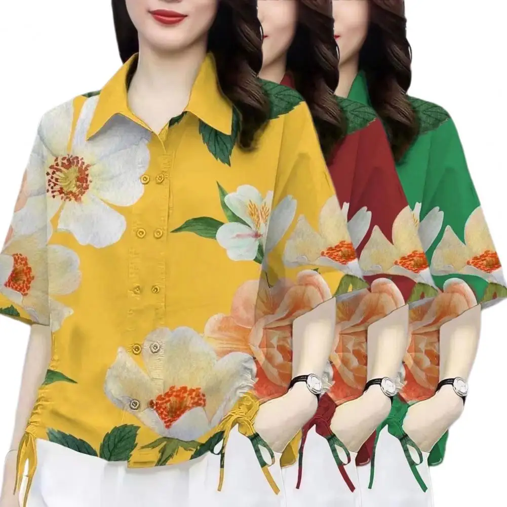 

Short Sleeve Loose Fit Shirt Floral Patterned Lapel Shirt for Women with Double Breasted Design Drawstring Detail Loose Fit