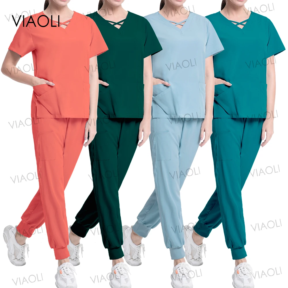 

Women Medical Nurse Uniforms Scrubs Set Hospital Surgical Clothes Short Sleeve Tops+Jogger or Straight Pants Nursing Accessories