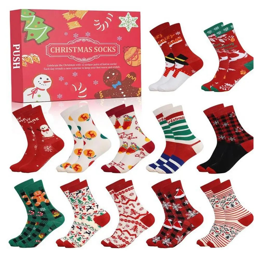 12/24Pairs Christmas Stocking Advent Calendar 12/24 Days Of Socks Festive Holiday White Christmas Colorful Socks For Men