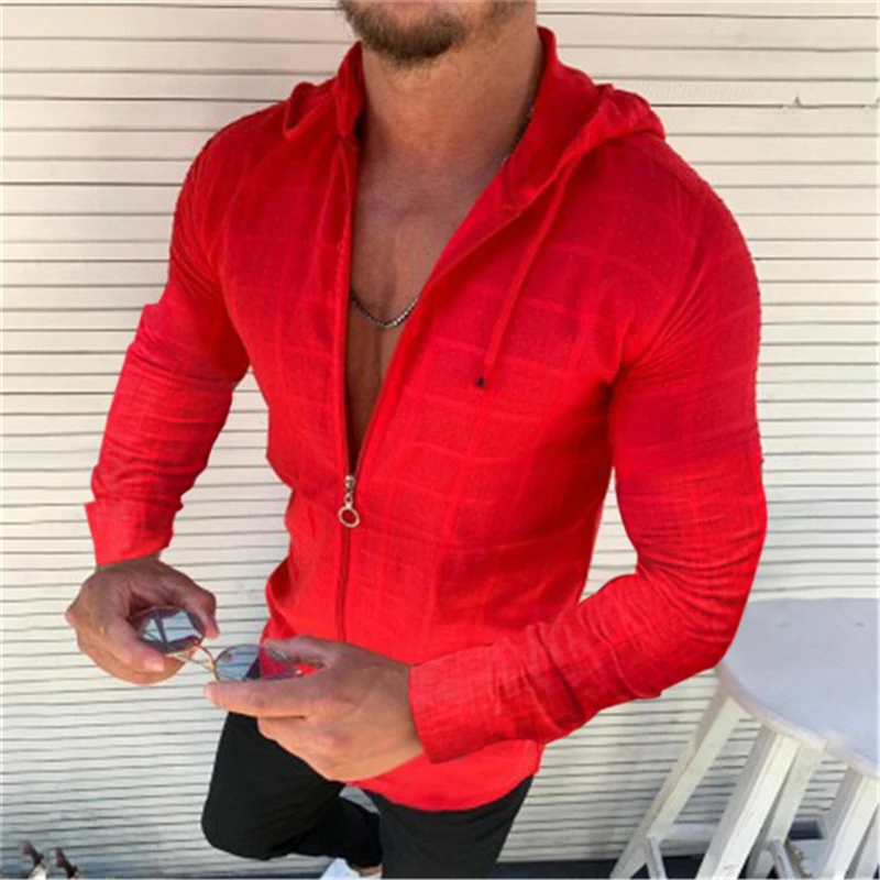 

Fashion Long Sleeved Hoodie Zipper T Shirt Men Clothing Summer Solid Color Casual Plaid Print Open Stitch Thin Tshirt Mens