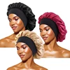 Women's Satin Solid Bonnets Wide-brimmed Night Sleeping Bathing Hat Unisex Head Wrap Elastic Band Cap Hair Care Bonnet - BK WN GD
