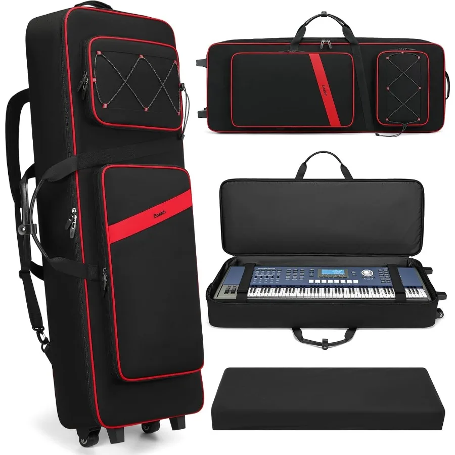 BOSSTIN 61 Key Keyboard Case with Wheels Internal Size: 42x 14.5x 6 Waterproof Padded Rolling Gig Bag Keyboard Piano Case for 6