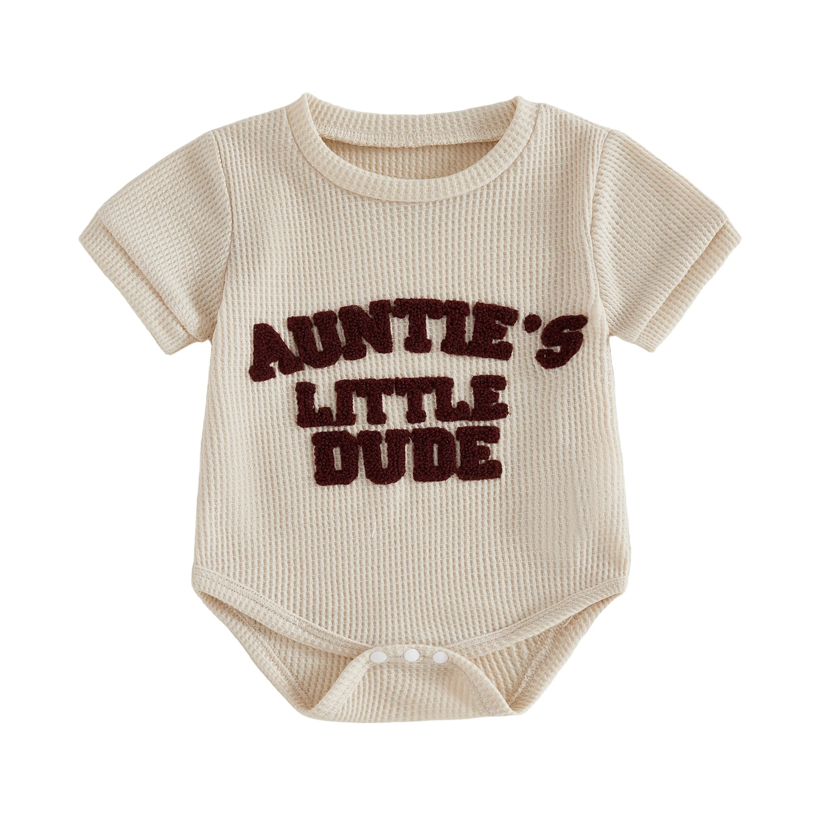 0-2T 베이비 와플 니트 바디수트 AUNTIE'S LITTLE DUDE 레터 자수 반팔 여름 롬퍼 (남아용)