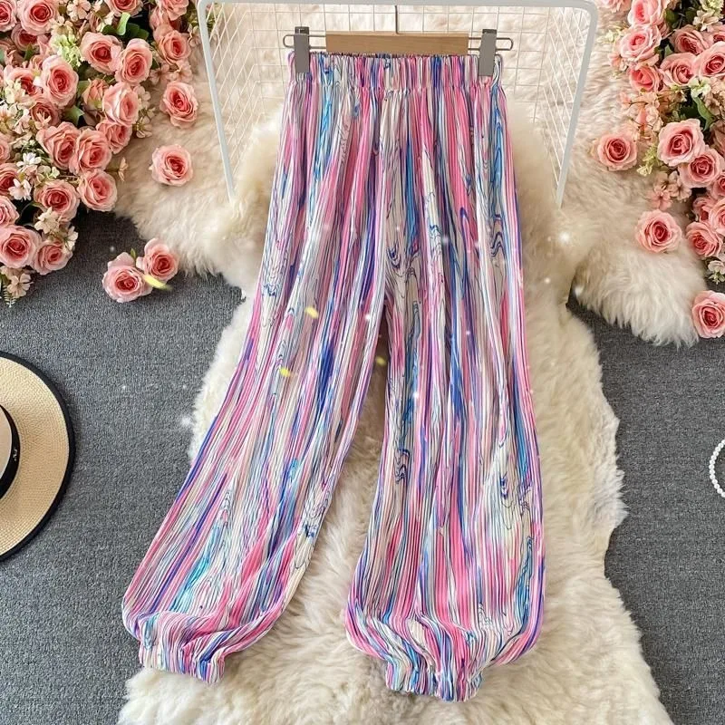 Sweatpants Women Trousers Lantern Pants  Y2k Pants Bound Feet Tie Dyeing Thin Pendant Pleated Loose High Waisted Motion Leisure