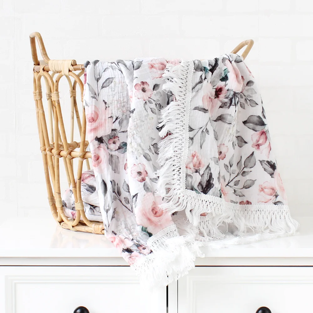 Baby Blankets Newborn Cotton Muslin Swaddle Blanket Baby Blankets Tassel Fringe Swaddle Blanket Diaper Baby Gauze Bath Towel 2