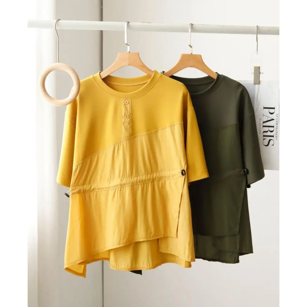 

Dimanaf 2024 Women T-Shirt Female Solid Elastic O-Neck Cotton Loose Short Sleeve Tops&Tees Yellow Green