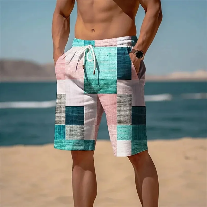 3D Printed Color Block Beach Shorts Men Colorful Plaid Pattern Short Pants Summer Hawaiian Casual Sports Quick Dry Swim Trunks 2