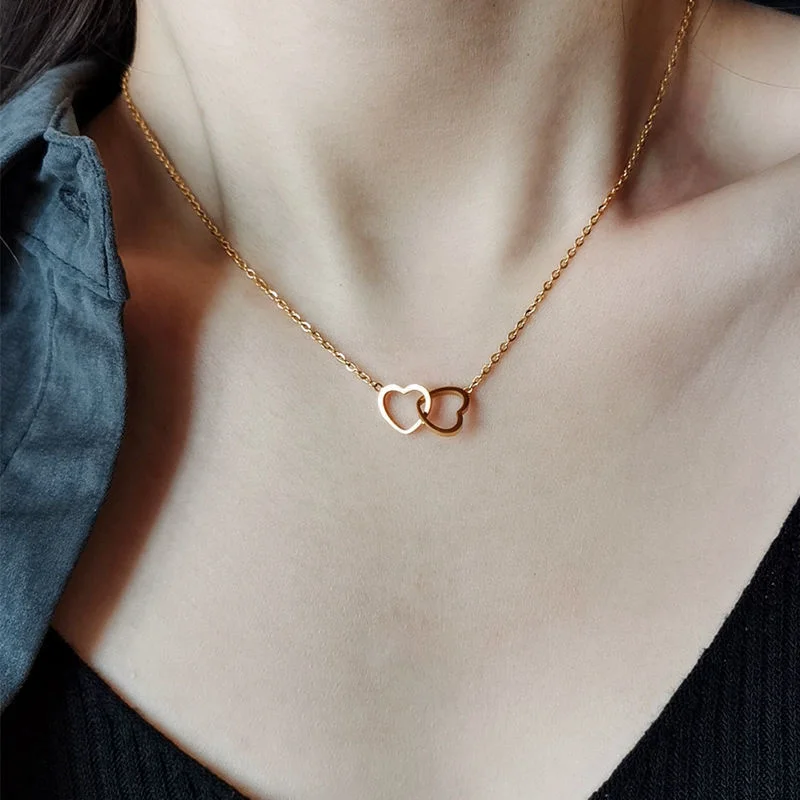 Collier pendentif double coeur simple pour femme, tour de cou en acier inoxydable pour couple, bijoux en or, cadeau pour fête de mariage, JOWedding et amis