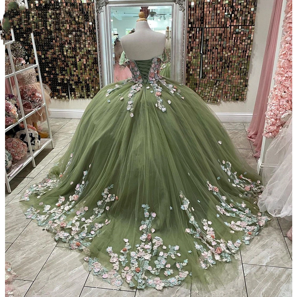 

ANGELSBRIDEP шалфатное зеленое платье Quinceanera бальное платье 3D Цветы кружевной корсет с аппликацией Милые 15 Vestidos De XV лет на заказ