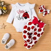 PatPat 3pcs Baby Girl Clothes New Born Overalls Newborn Baby Stuff Infant Long-sleeve Ladybug Romper Bowknot Headband Set 2