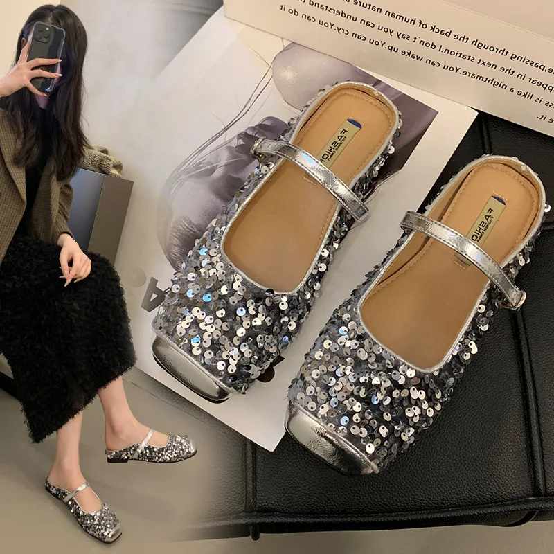 

Блестящие туфли, женская обувь, без застежки, с круглым носком, на низком каблуке, платье, новинка, летние резиновые украшения, Мэри Джейн, скандалы, ткань ПУ, Sl