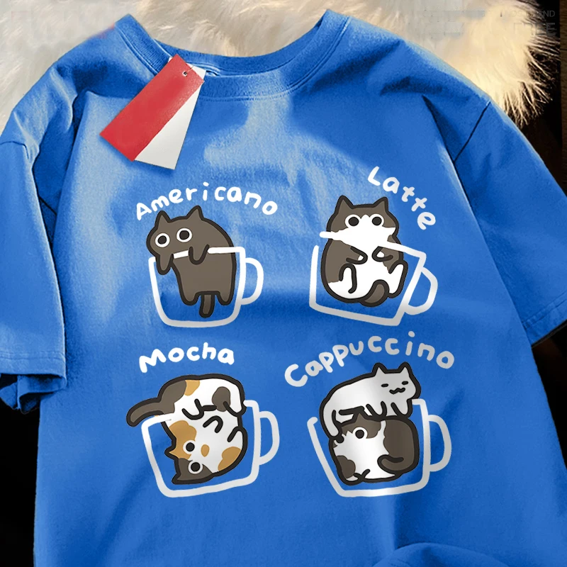 Katze Kaffee Reine Baumwolle Trendy Sommer Lose Kurzarm T-shirt Männer Frauen Original Mocha Latte Katze Drei Blumen Spaß Katze Tees – Detail 3