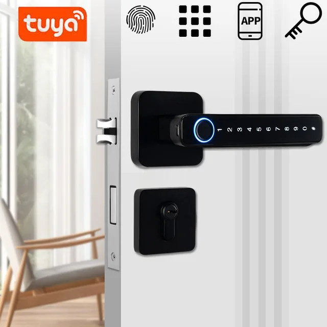 Smart Door Handle Fingerprint Password Remotely Unlock Digital Lock Tuya App Keyless Entry for Doors Smart Electronic Lock