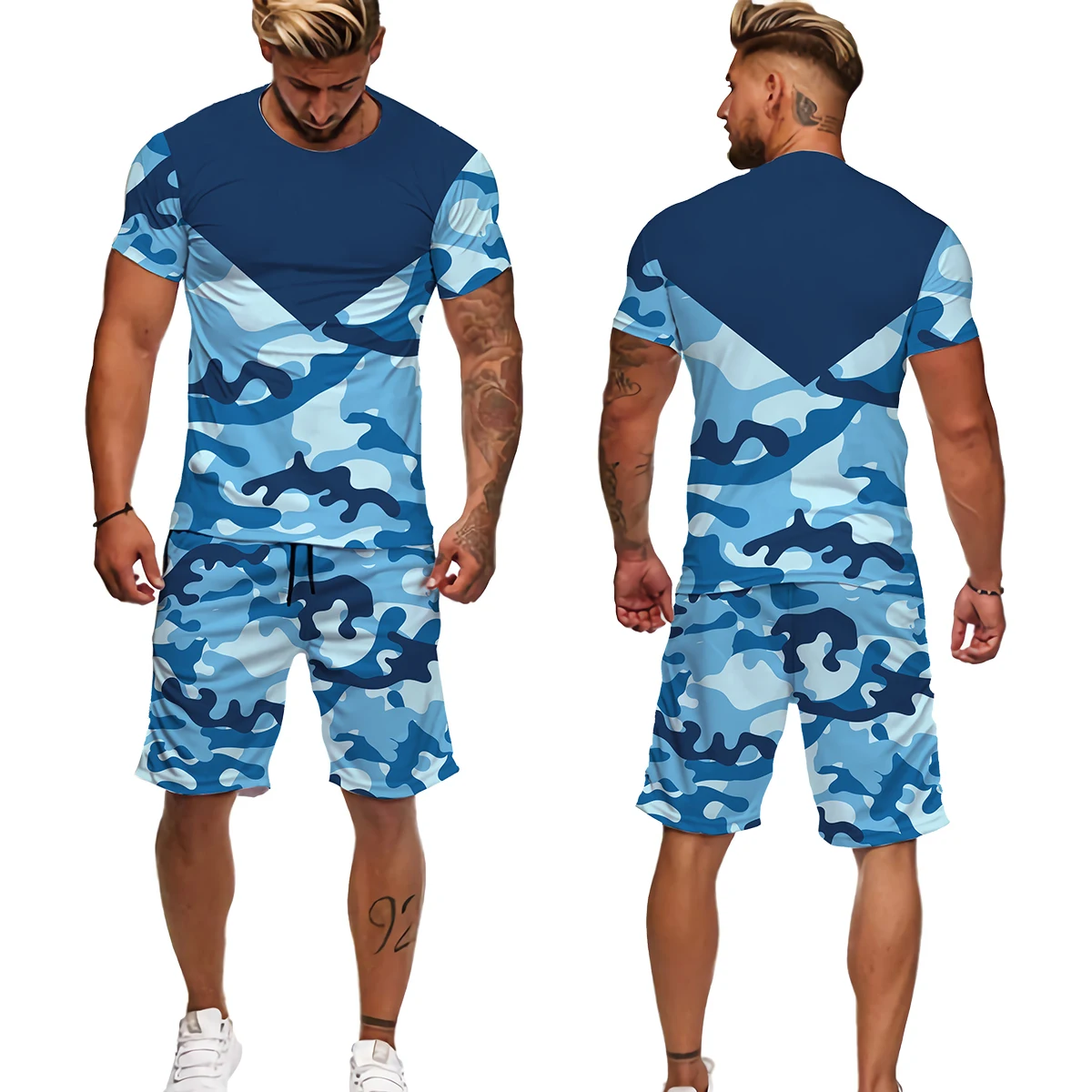 2022 Men's Camouflage T-Shirt Suit 3D Printing Street Retro Round Neck Short Sleeve Casual Two-piece Training Suit Men