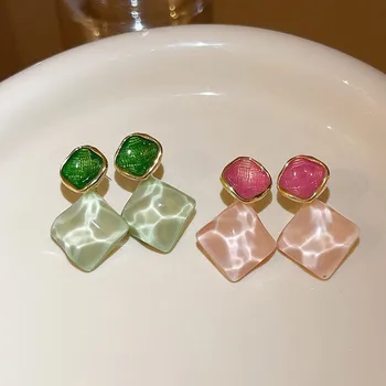 925 Silver Needle Green Pink Water Ripple Square Earrings For Women Jewelry 2025 Trending New Korean Fashion Earrings Pendientes