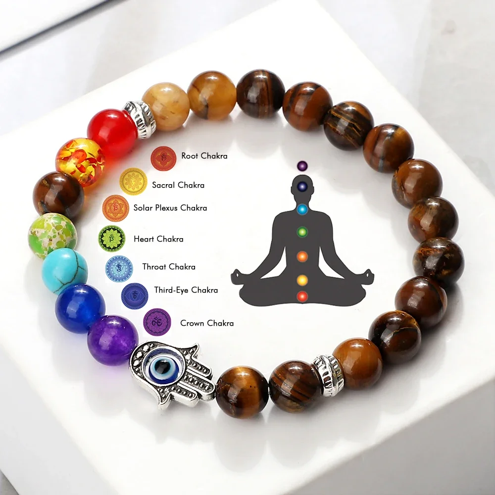 

*7 Chakra Bracelets Men Natural Tiger Eye Stone Lava Onyx Agates Beads Bracelet Turkish Evil Eye Hand Of Fatima Jewelry Bangles