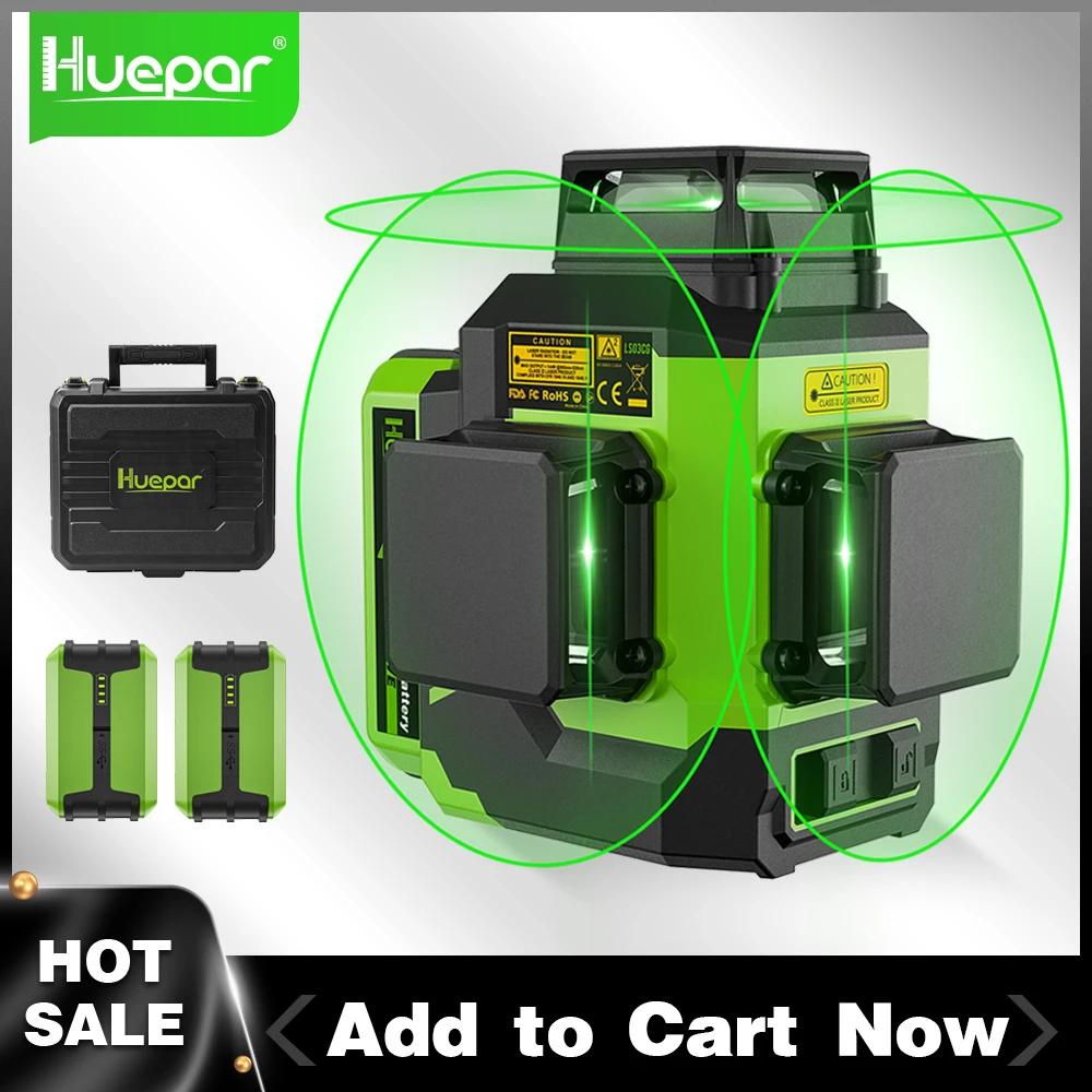 Huepar – niveau Laser 3D vert 12 lignes autonivelant, croix Osram  horizontale et verticale 3x360 ° avec étui rigide, 2 batteries Li-ion