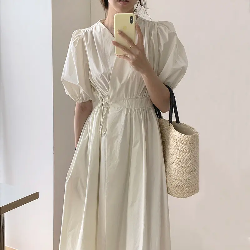 

White Korean Fashion Midi Dress Women Chic Elegant V-Neck Cross Lace-Up Solid Puff Sleeve Casual Dress Summer One Piece Ladies