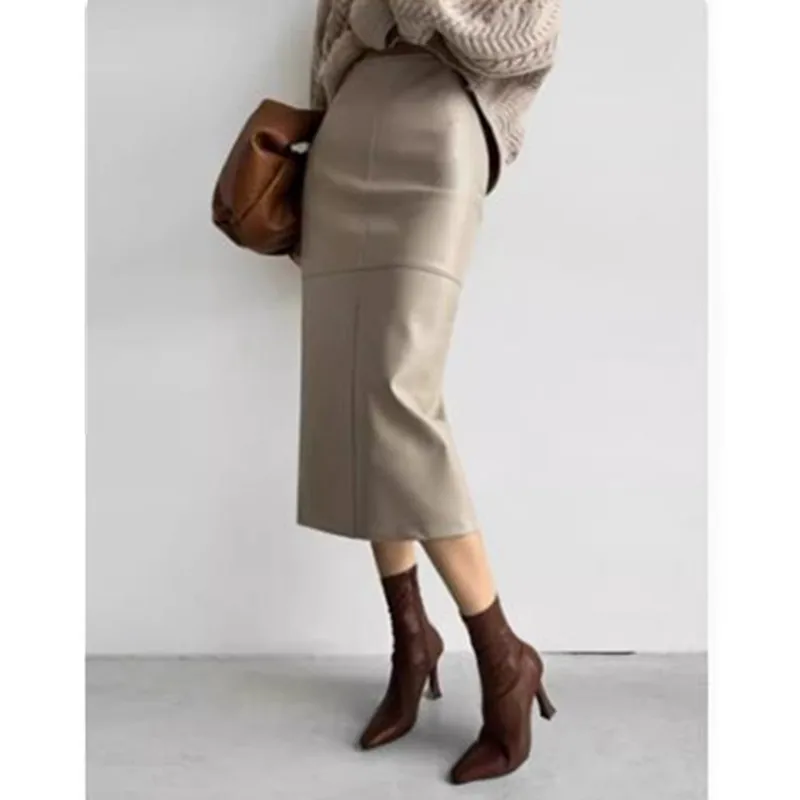 High Waist Slimming Midi Length Real Leather Skirt Female Spring And Autumn Temperament Sheepskin Wrapped Hip Skirt fashionable autumn and winter new women s fashion temperament lapel solid color mid length trench coat