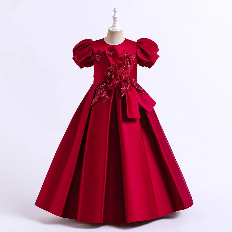 

Teenager Pageant Big Bow Party Dress For Girls Children Costume Short Sleeve Princess Dresses Girl Dress Wedding Gown 4-14Y