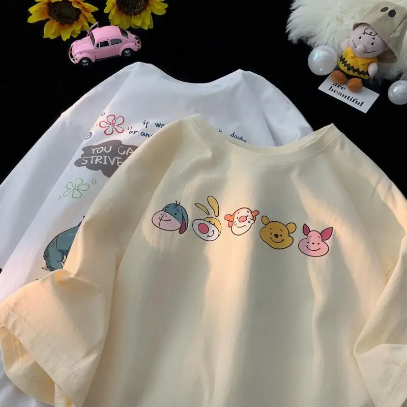 Kawaii Disney Pooh Bear Short-Sleeved T-Shirt 100% Cotton Summer Cartoon New Loose and Versatile Half-Sleeved Couple Style