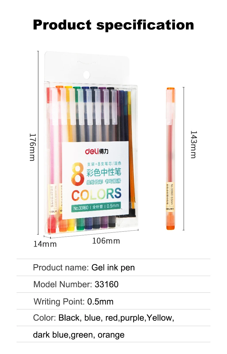 Deli 8colors Gel Pens Colored Ink 0.5mm Ballpoint Pen Waterproof for K –  AOOKMIYA