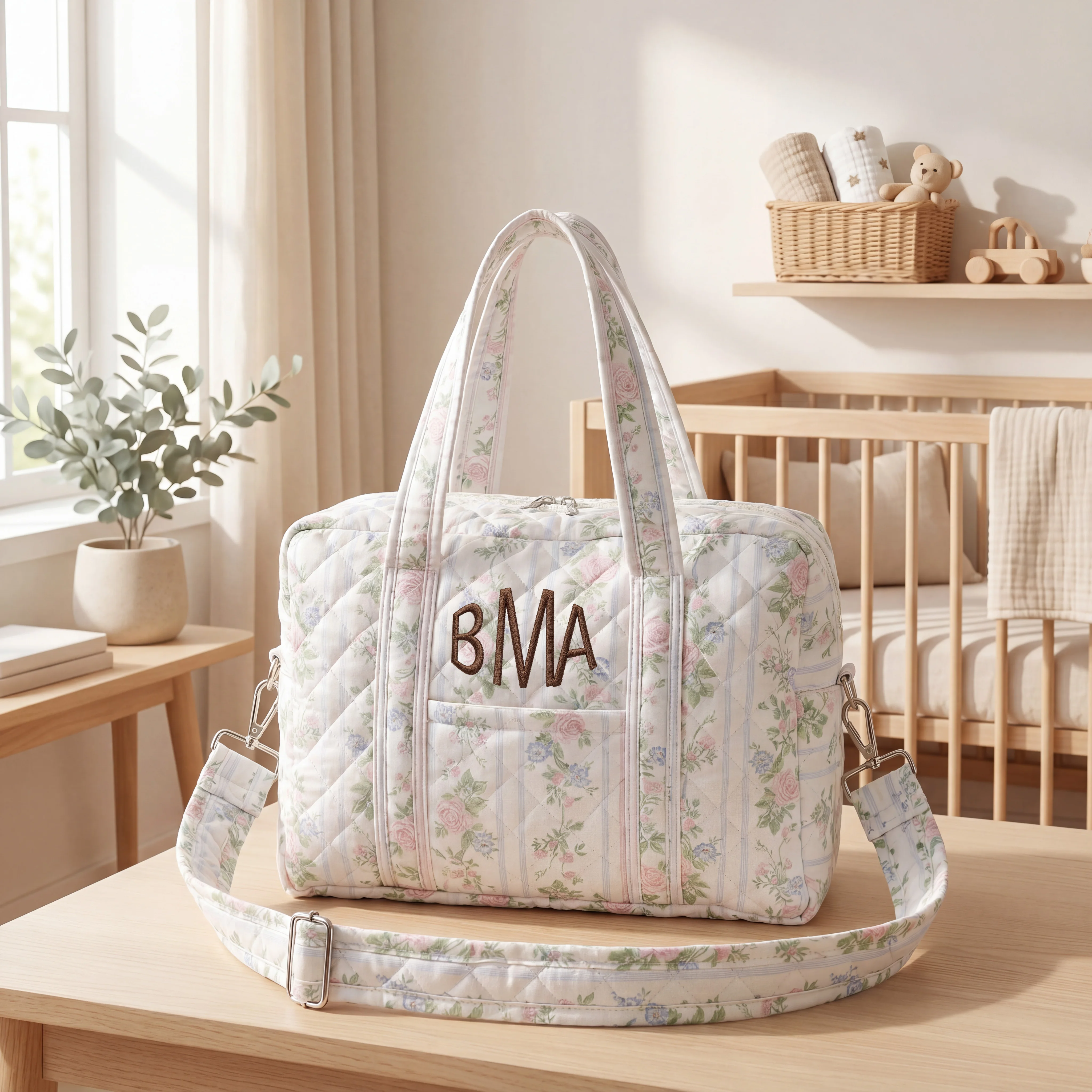 1 borsa per pannolini personalizzata con nome ricamato, borsa tote trapuntata floreale per mamma, borsa da viaggio per neonati a grande capacità con tasche multiple - immagine 5