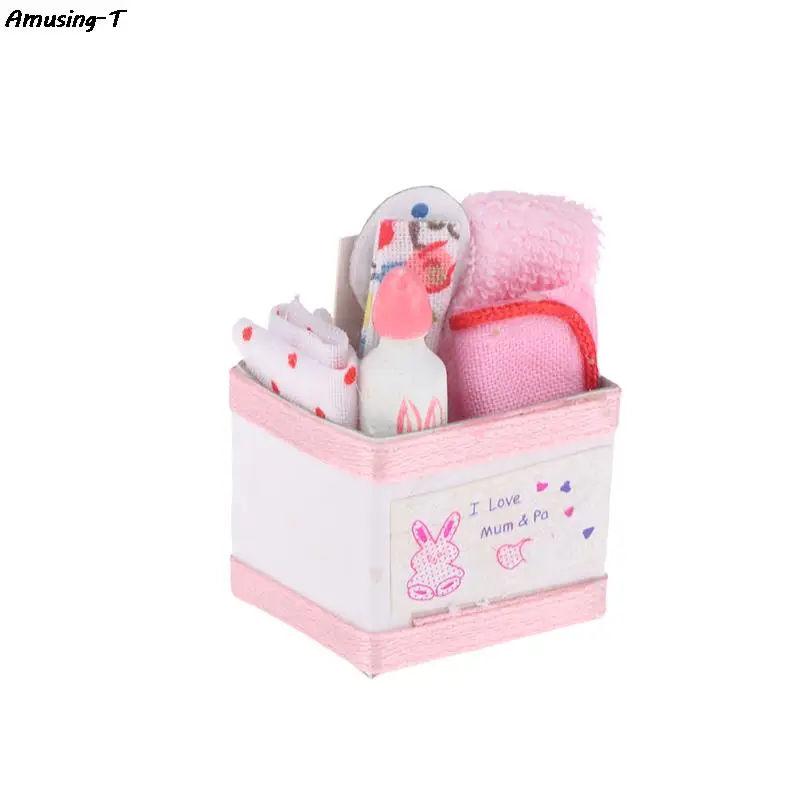 New1Set112MiniatureBabyBasketBoxWithToysAndMilkBottleTowel