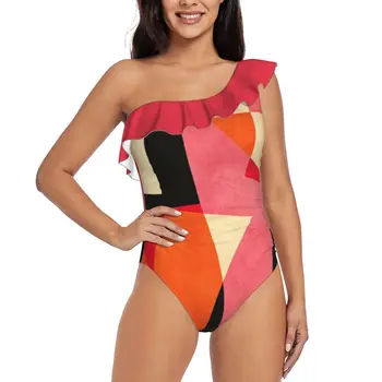 L _ O _ V _ E 원 숄더 프릴 수영복 원피스 프린트 수영복 여성 수영복 Monokini Typography Love Abstract