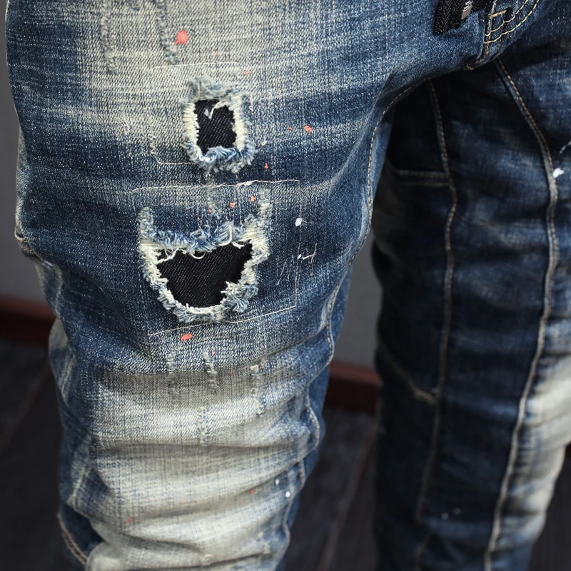 Street Fashion Men Jeans Retro Blue Elastic Stretch Slim Fit Ripped Jeans Men Spliced Designer Hip Hop Denim Biker Pants Hombre