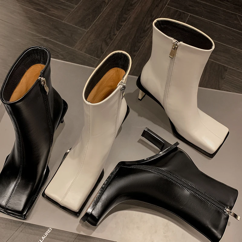 Square Toe Shaped Heel Women's Ankle Boots Genuine Leather Side Zipper Solid Woman Short Boots Autumn New Fashion High Heels