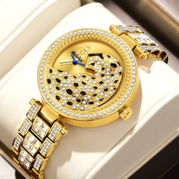 YaLaLuSi Brand 2024 Hot Model Women’s Watch Gold Luxury Crystal Diamonds Leopard Box Watch Remover Ion Real Gold Plating