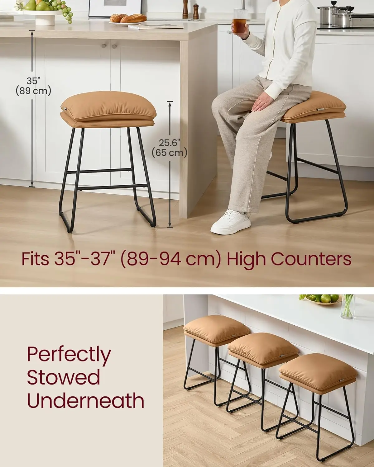 Stools Set of 2, Counter Height Stools, Leather Counter Stools Barstools, 25.6 Inches Height Bar Chairs
