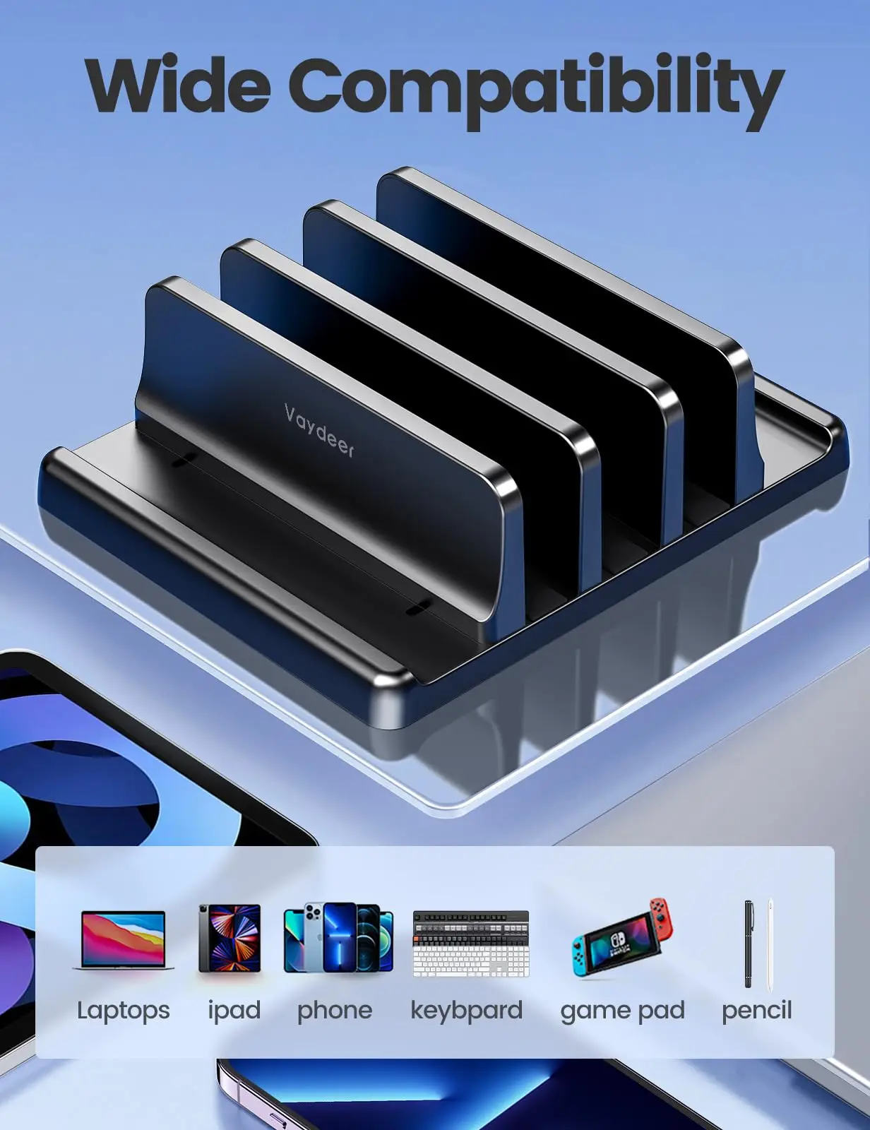 Vaydeer 3슬롯 수직형 노트북 스탠드 정리함, 프리미엄 ABS 플라스틱으로 제작된 노트북 보관 홀더 5 in 1 디자인