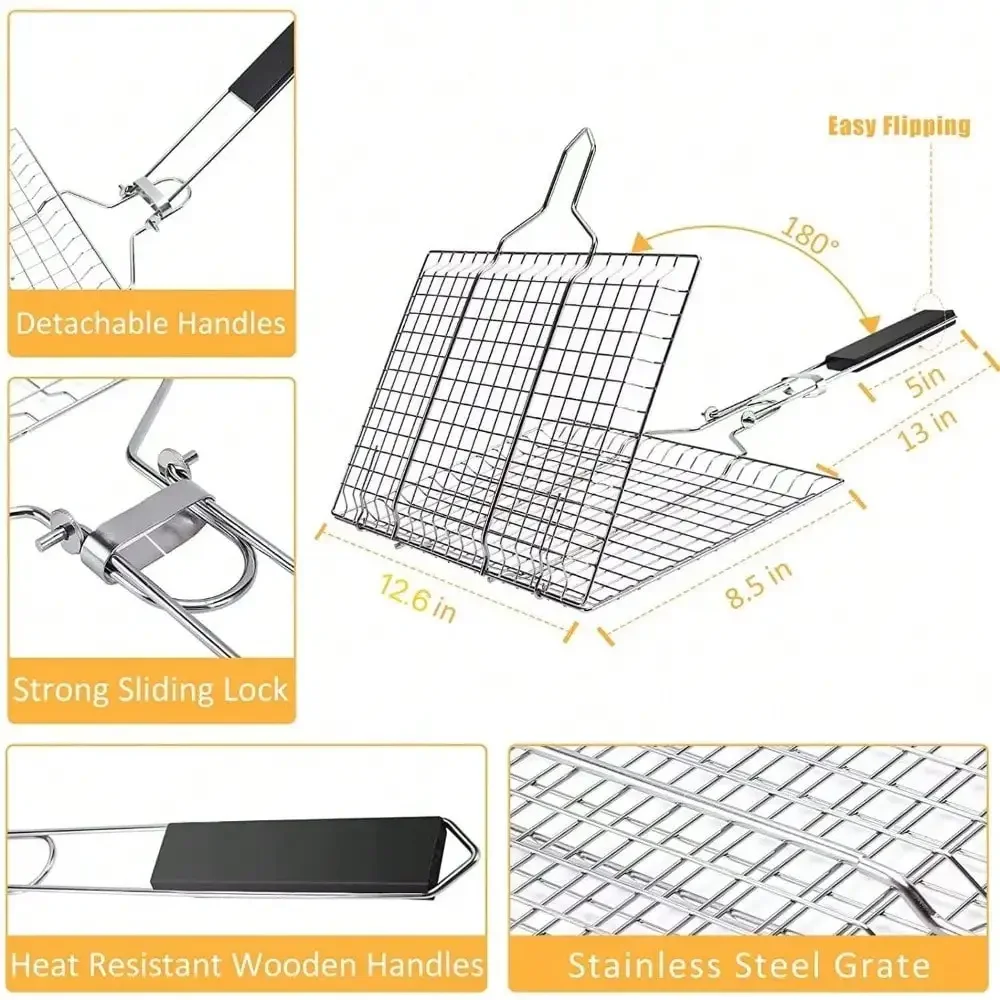 Folding Portable Outdoor Camping Stainless Steel BBQ Rack With Removable Handle Grilling Basket Barbeque Griller Cooking Tools bbq rack