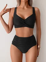 Sexy Black Two Piece Swimsuit Women Cross Pleate Push Up Padded Bikini Set Summer Bathing Suit Slim High Waist Swimwear Biquini