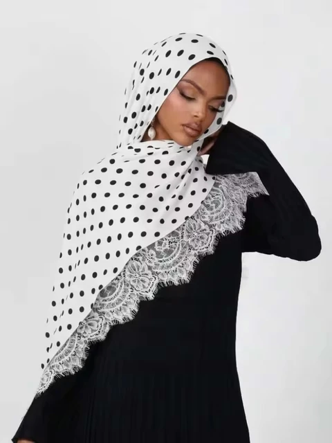106364-fedf32.jpg Nouveau hijab en dentelle modal double face à pois pour femmes, turban de mode musulmane, foulard pour femmes, Ramadan