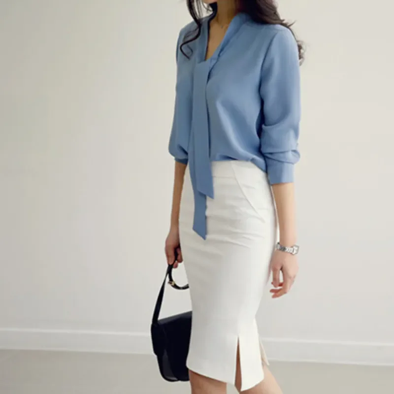 Loose Chiffon Blouse Women Clothing Long Sleeve Lady Elegant Shirts Solid Color Tops A47