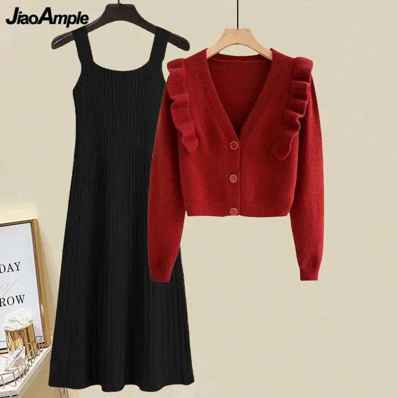Women's Autumn Winter Graceful Ruffle Red Sweater Jacket Korean Lady Casual Knit Cardigan Tank Dress Set 2023 Knitwear Outfits