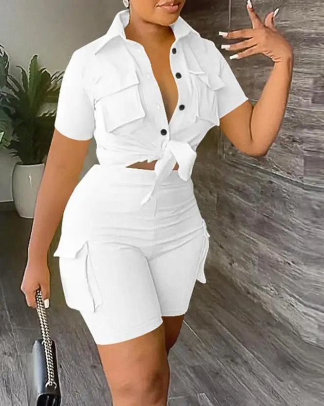 Women's Casual Suits 2024 Spring Summer Latest Turn-Down Collar Buttoned Short Sleeve Crop Top & Pocket High Waist Shorts Set